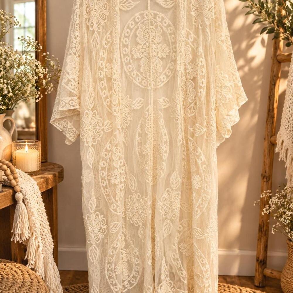 Cream lace boho beach cover kimono shaw